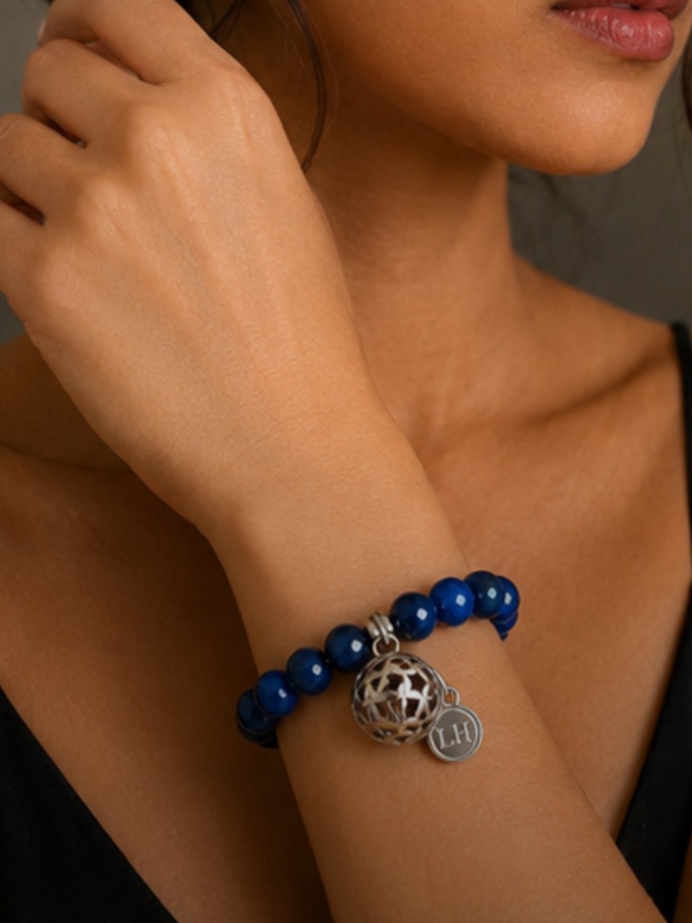 Gold Charm Bracelet with Natural White Blue Agate Stone Beads - Women Jewelry